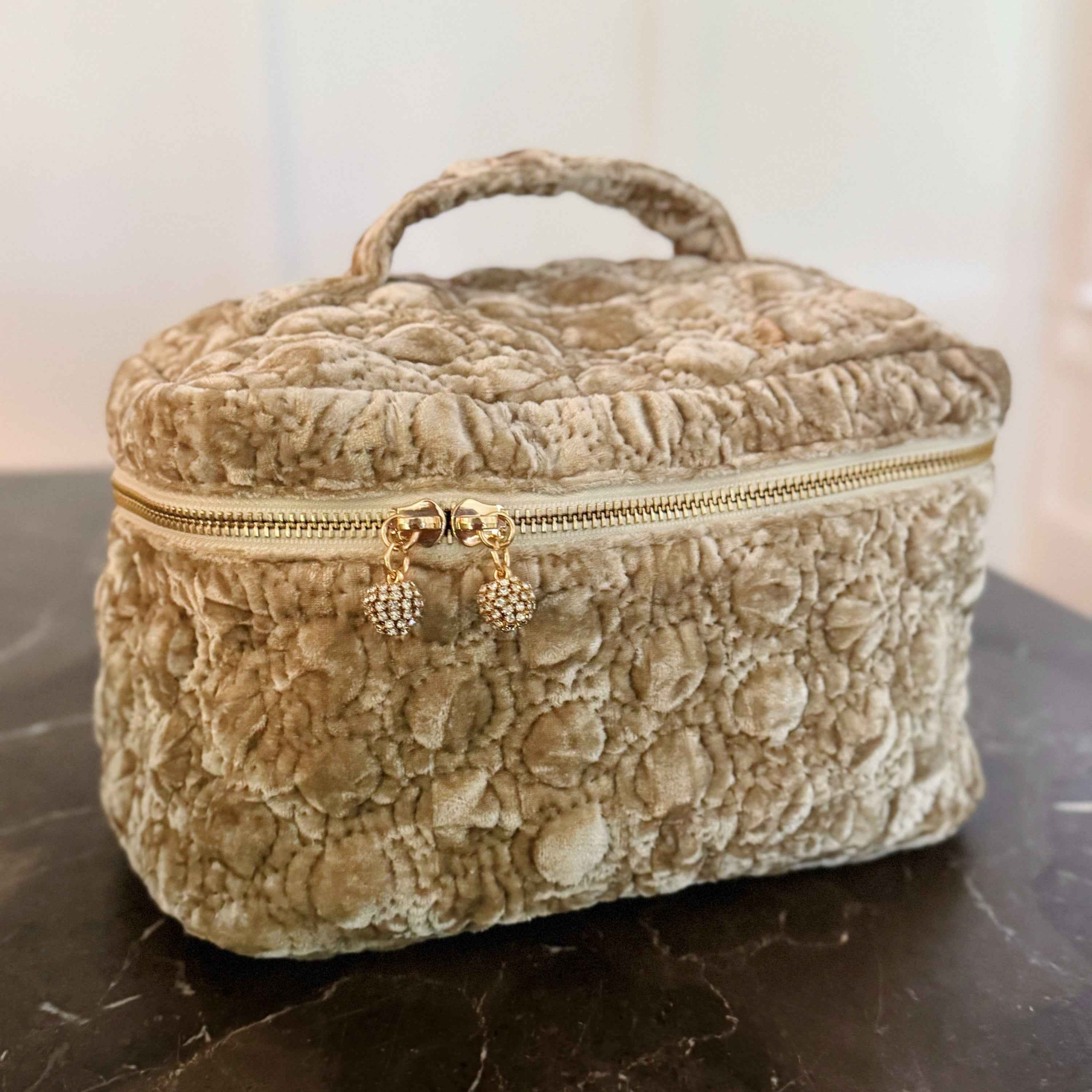 Quilted Velvet Vanity Case Vintage Inspired With Handle Jeweled Zipper Pulls
